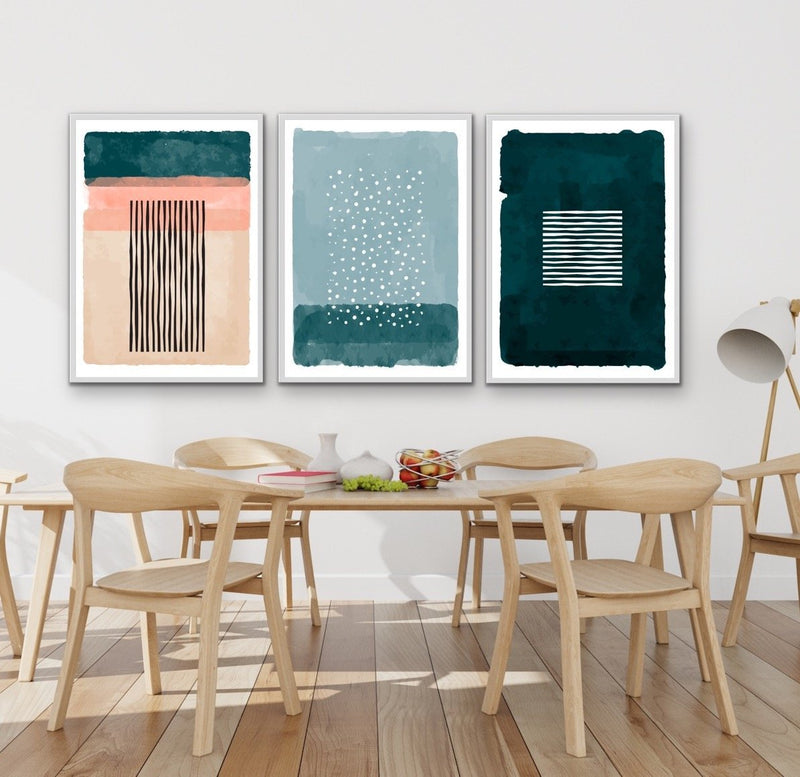 Point Of View - Three Piece Geometric Green Teal and Pink Wall Art Print Set Triptych - I Heart Wall Art