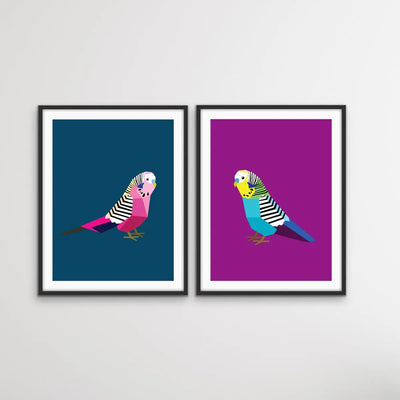 Poly Budgies Two Piece Set - Colourful Budgerigar Print Set Diptych - I Heart Wall Art