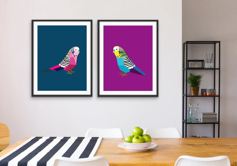 Poly Budgies Two Piece Set - Colourful Budgerigar Print Set Diptych - I Heart Wall Art