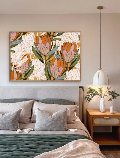 Protea Garden - Orange and Green Collage-Style Native Floral Artwork- Canvas Or Art Print I Heart Wall Art Australia 