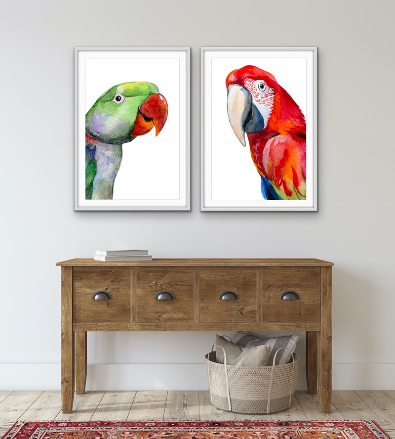 Red and Green Parrots - Watercolour Artwork Print Set of Red and Green Parrots Diptych - I Heart Wall Art
