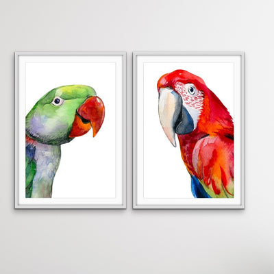 Red and Green Parrots - Watercolour Artwork Print Set of Red and Green Parrots Diptych - I Heart Wall Art