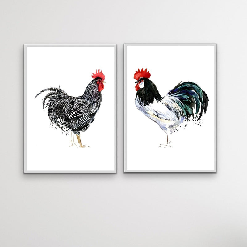 Rooster Stand Off - Two Piece Watercolour Rooster Canvas or Art Print Set Diptych - I Heart Wall Art