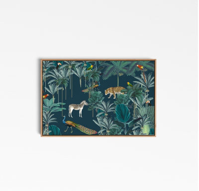 Royal Jungle - Dark Green Animalia Style Jungle Print with Cheetah Zebra Toucan - I Heart Wall Art