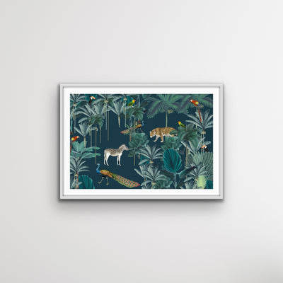 Royal Jungle - Dark Green Animalia Style Jungle Print with Cheetah Zebra Toucan - I Heart Wall Art