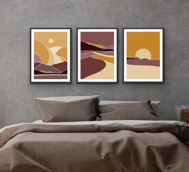 Sahara - Three Piece Geometric Orange and Red Desert Boho Print Set Triptych - I Heart Wall Art