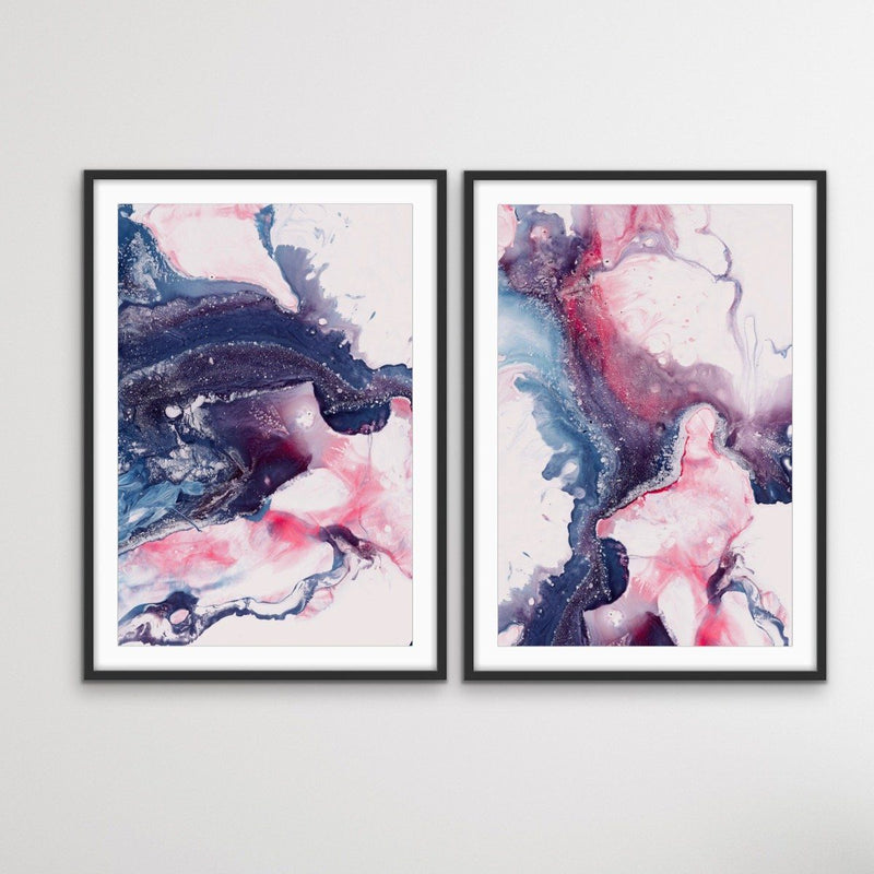 ﻿Salt Lake - Two Piece Alcohol Ink Blue and Red Print Set Diptych - I Heart Wall Art
