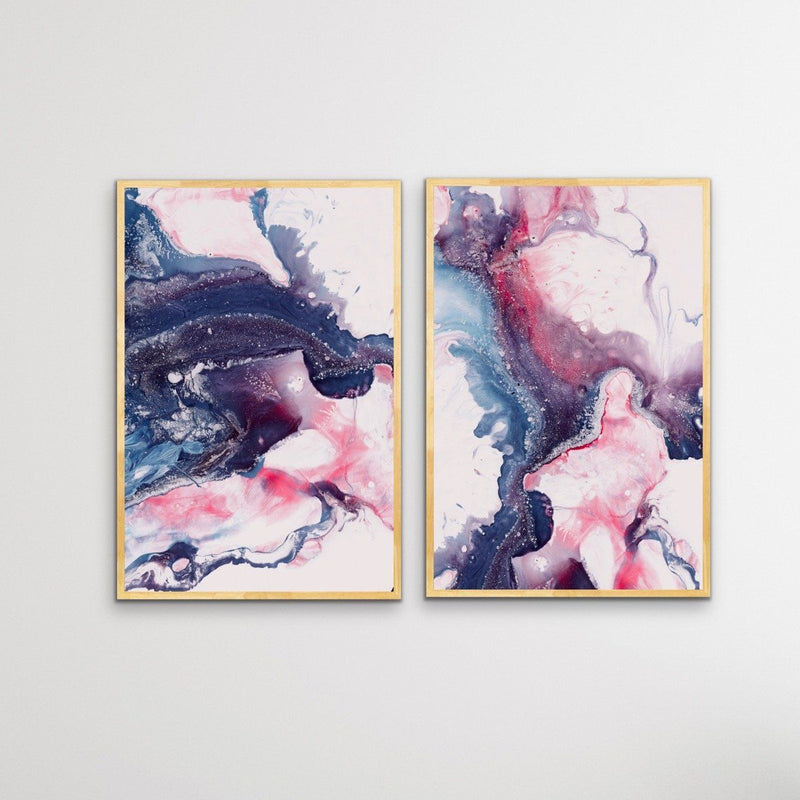 ﻿Salt Lake - Two Piece Alcohol Ink Blue and Red Print Set Diptych - I Heart Wall Art