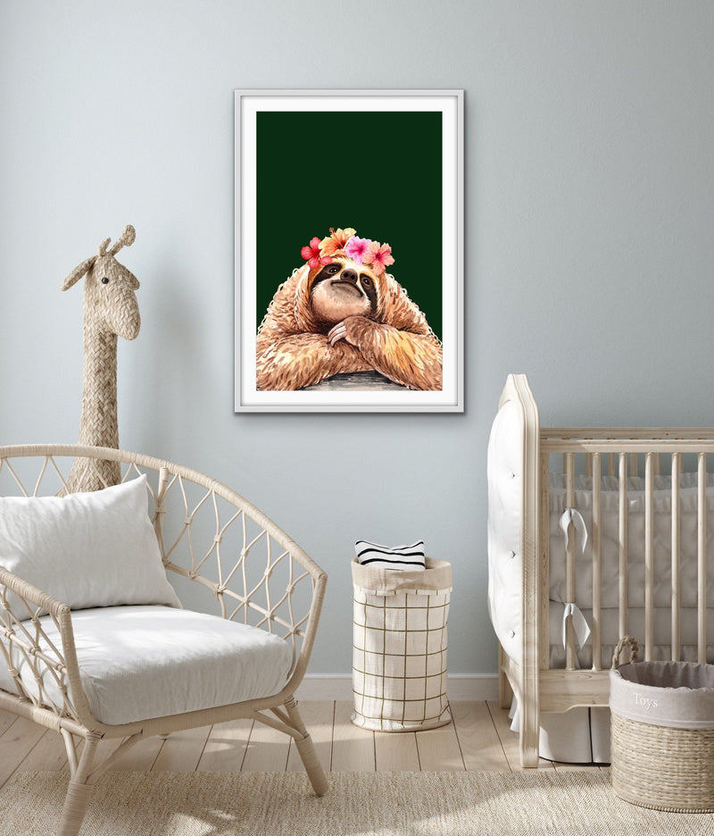 Sloth Two Piece Print Set - Watercolour Sloth Set on Green Backdrop Diptych - I Heart Wall Art