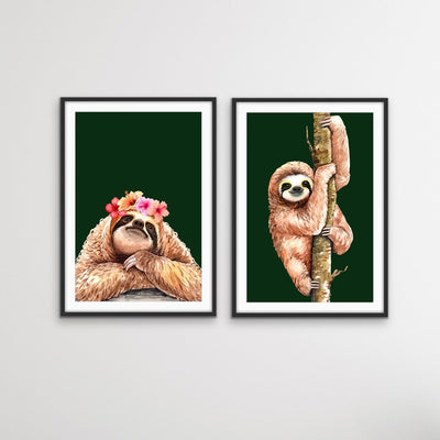 Sloth Two Piece Print Set - Watercolour Sloth Set on Green Backdrop Diptych - I Heart Wall Art