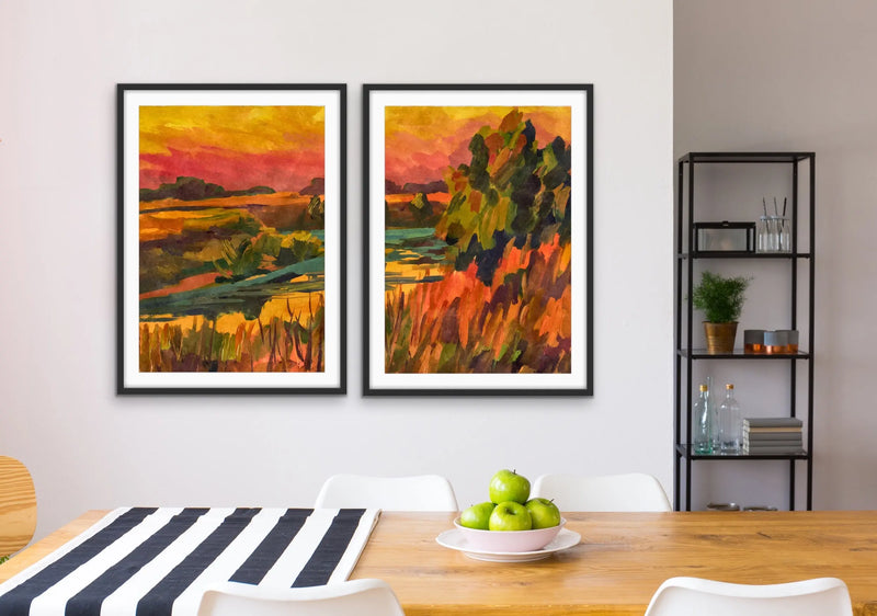 Sunset On The Riverbend - Two Piece Landscape Pink and Orange Print Set I Heart Wall Art Australia 