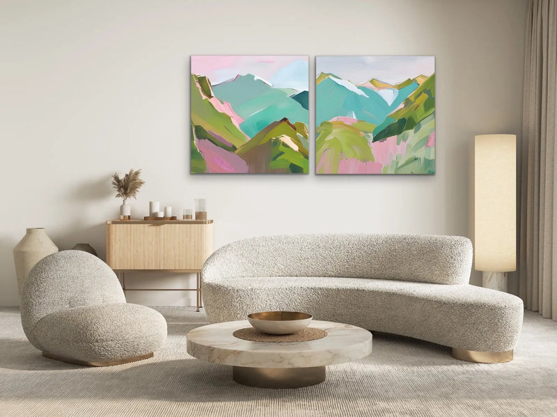 To The Mountains - Edition One - Pink and Green Square Mountain Stretched Canvas Canvas Print, Poster Print or Framed Art Print I Heart Wall Art Australia 