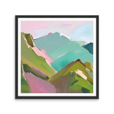 To The Mountains - Edition One - Pink and Green Square Mountain Stretched Canvas Canvas Print, Poster Print or Framed Art Print I Heart Wall Art Australia 