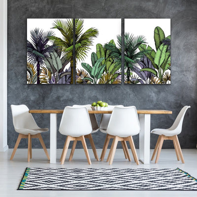 Tropical Skyline - Three Piece Jungle Monstera Palm Garden Stretched Canvas Print Triptych - I Heart Wall Art