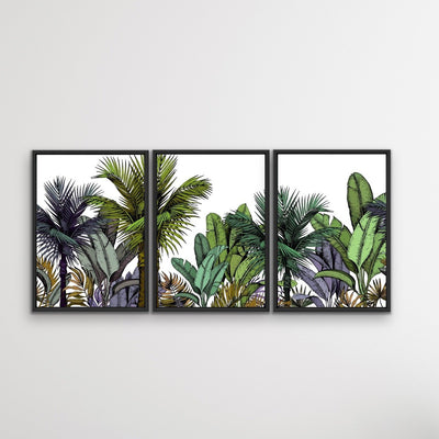 Tropical Skyline - Three Piece Jungle Monstera Palm Garden Stretched Canvas Print Triptych - I Heart Wall Art