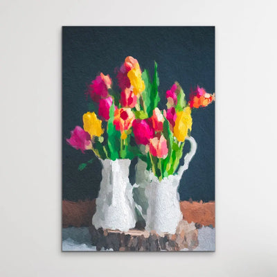 Tulips In Abstract - Colourful Abstract Tulips In Vase Painterly Style Painting - I Heart Wall Art