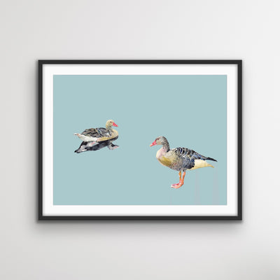 Two Geese - Watercolour Geese on Duck Egg Blue Background Canvas Wall Art Print - I Heart Wall Art