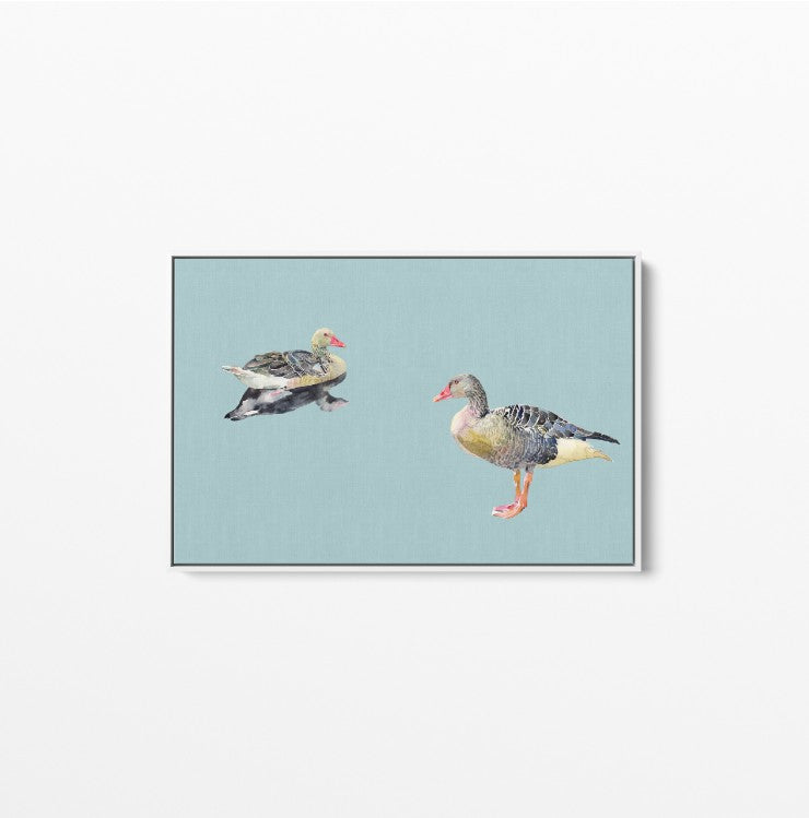 Two Geese - Watercolour Geese on Duck Egg Blue Background Canvas Wall Art Print - I Heart Wall Art
