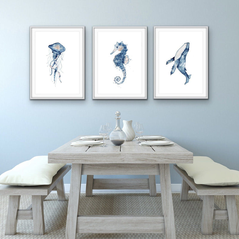 In The Ocean - Hamptons Three Piece Seahorse Jellyfish Whale Art or Canvas Print Set Triptych - I Heart Wall Art
