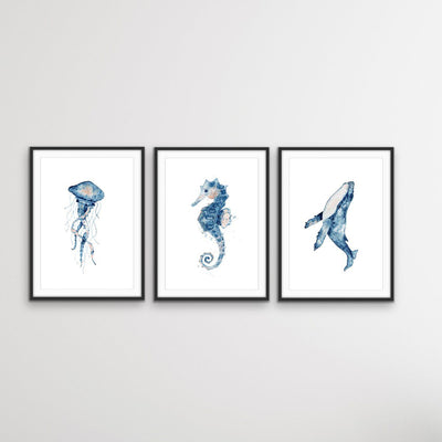 In The Ocean - Hamptons Three Piece Seahorse Jellyfish Whale Art or Canvas Print Set Triptych - I Heart Wall Art