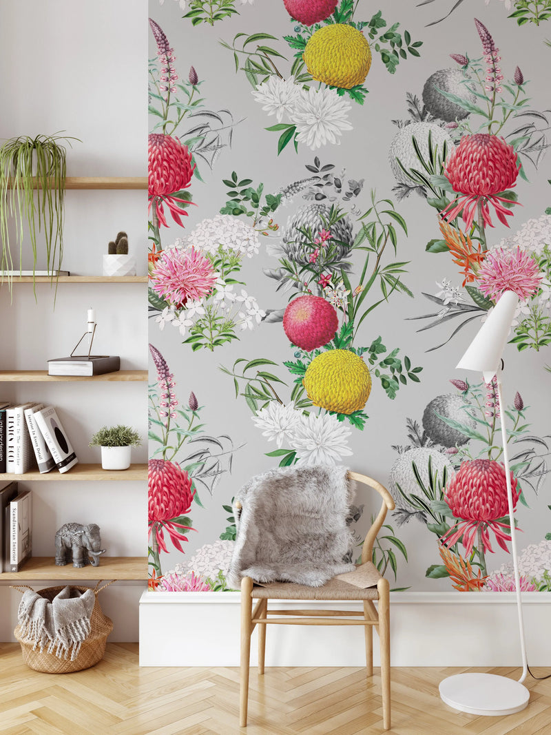 Verano In Grey - Pink Yellow and Grey Floral Wallpaper I Heart Wall Art Australia 