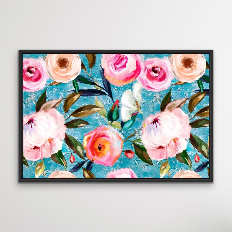 Walk In the Garden In Blue- Bright Floral Artwork With Flowers Oil Painting Wall Art Print - I Heart Wall Art