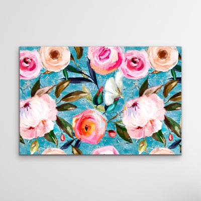 Walk In the Garden In Blue- Bright Floral Artwork With Flowers Oil Painting Wall Art Print - I Heart Wall Art