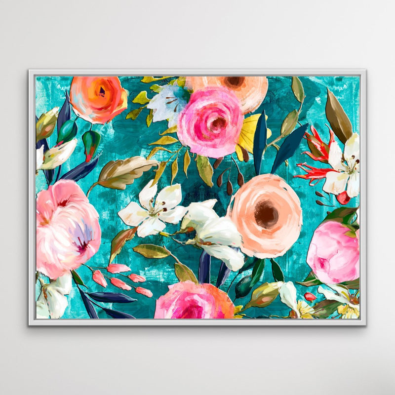Walk In the Garden In Turquoise- Bright Floral Artwork With Flowers Oil Painting Wall Art Print - I Heart Wall Art
