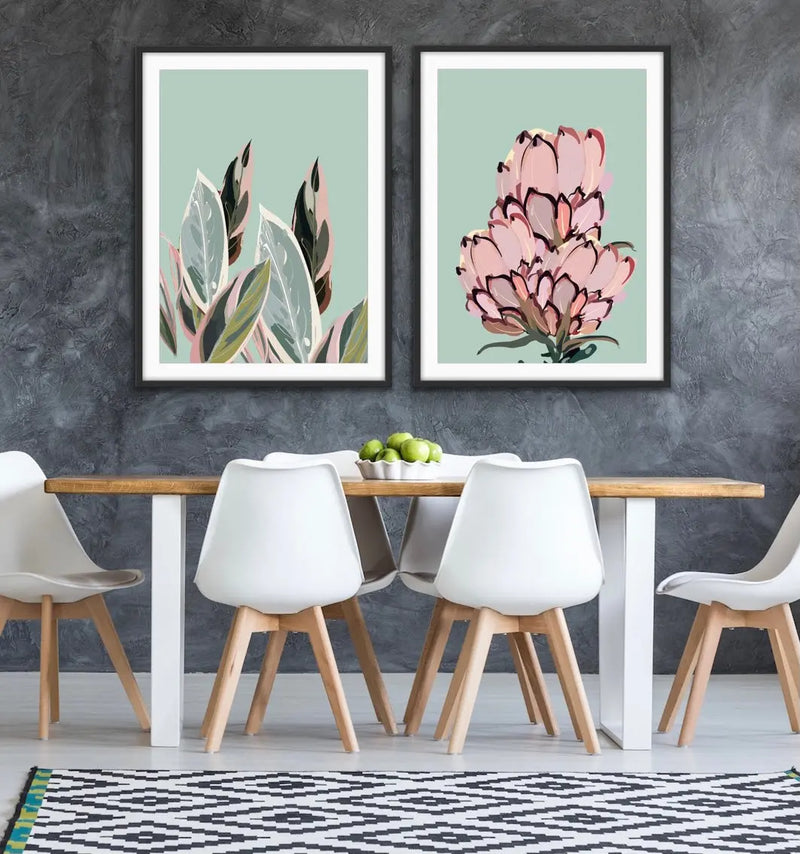 Warm Nights In The Garden - Two Piece Protea Plants Pastel Print Set Diptych - I Heart Wall Art