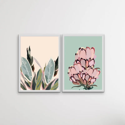 Warm Nights In The Garden - Two Piece Protea Plants Pastel Print Set Diptych - I Heart Wall Art