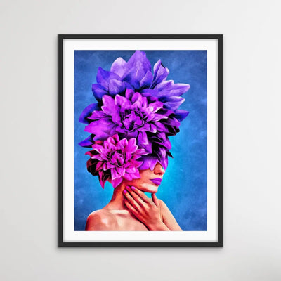Watch Her Bloom In Purple-  Print One  Colourful Artwork Of Woman With Flowers On Her Head I Heart Wall Art Australia 
