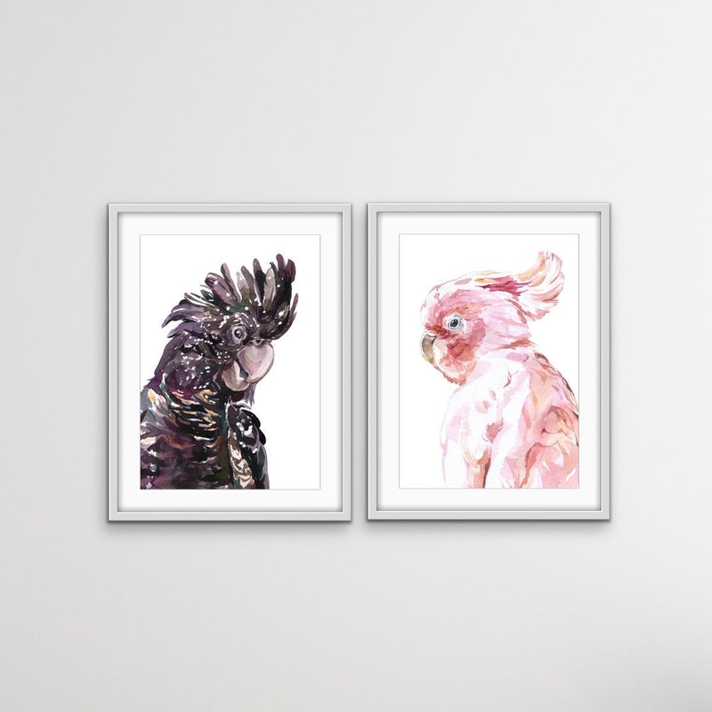 Watercolour Cockatoo Pair  - Two Piece Black and Pink Cockatoo Prints Diptych - I Heart Wall Art