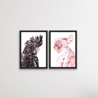 Watercolour Cockatoo Pair  - Two Piece Black and Pink Cockatoo Prints Diptych - I Heart Wall Art