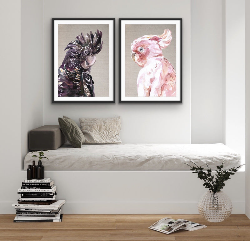 Watercolour Cockatoo Pair On Linen - Two Piece Black and Pink Cockatoo Prints Diptych - I Heart Wall Art