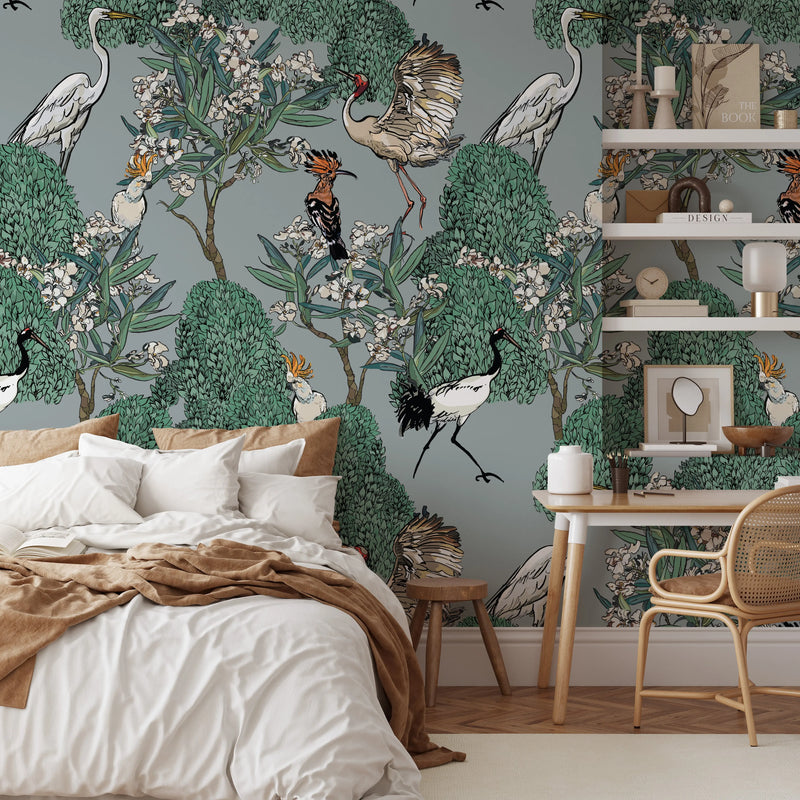 White Oleander on Blue/Grey Wallpaper - Floral Wallpaper In Traditional Style - Peel and Stick Wallpaper - I Heart Wall Art