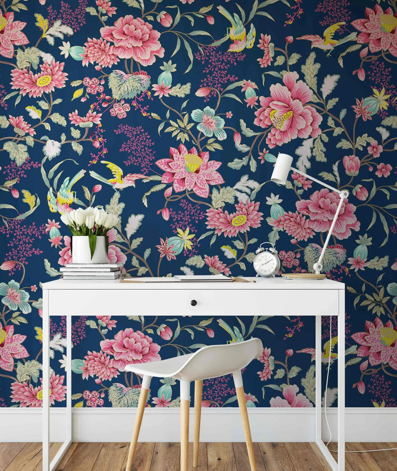 Wild Garden - Bold Blue and Pink Asian Inspired Wallpaper I Heart Wall Art Australia 