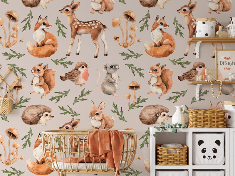 Woodland Animal - Cute Woodland Animal Wallpaper With Deer Fox Squirrel and Robin I Heart Wall Art Australia 