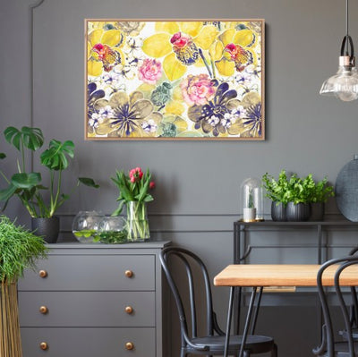 Yellow Orchids - Yellow Floral Canvas Wall Art Print With Grey and Red Tones - I Heart Wall Art