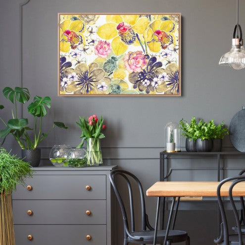 Yellow Orchids - Yellow Floral Canvas Wall Art Print With Grey and Red Tones - I Heart Wall Art