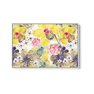 Yellow Orchids - Yellow Floral Canvas Wall Art Print With Grey and Red Tones - I Heart Wall Art