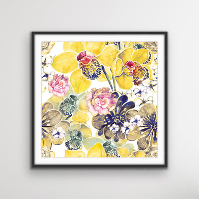 Yellow Orchids - Yellow Floral Canvas Wall Art Print With Grey and Red Tones - I Heart Wall Art
