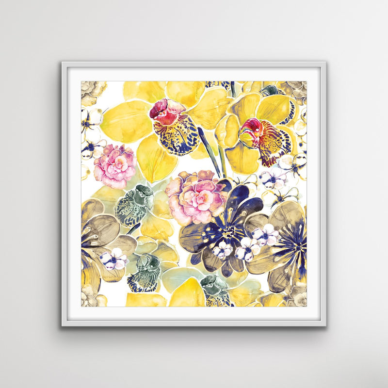 Yellow Orchids - Yellow Floral Canvas Wall Art Print With Grey and Red Tones - I Heart Wall Art
