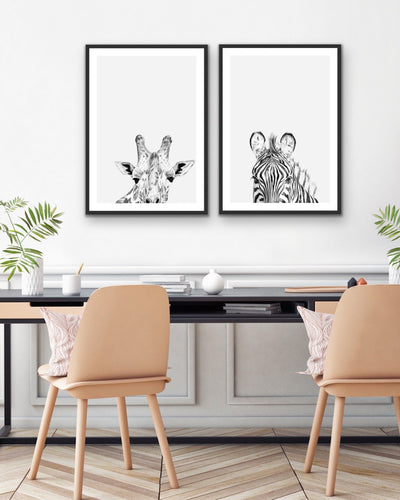 Zebra and Giraffe Sketches - Two Piece Line Drawing Set of Art or Canvas Prints Diptych - I Heart Wall Art