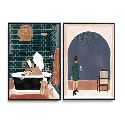 Bathroom Babe and Starry Night by Ivy Green Illustrations - Two Piece Stretched Canvas or Art Print Set Diptych - I Heart Wall Art - Poster Print, Canvas Print or Framed Art Print