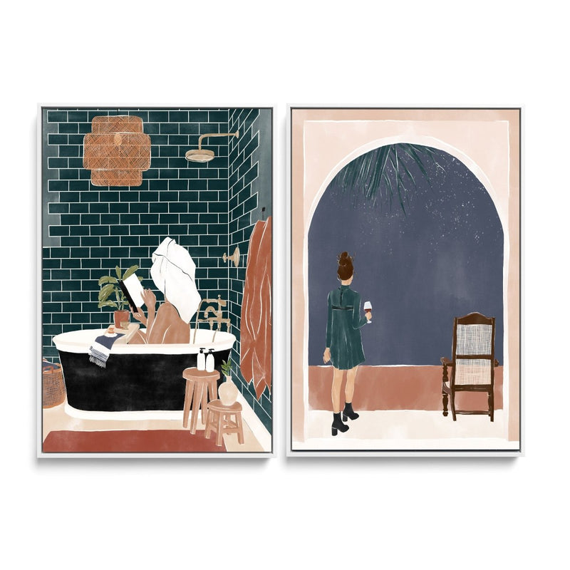 Bathroom Babe and Starry Night by Ivy Green Illustrations - Two Piece Stretched Canvas or Art Print Set Diptych - I Heart Wall Art - Poster Print, Canvas Print or Framed Art Print