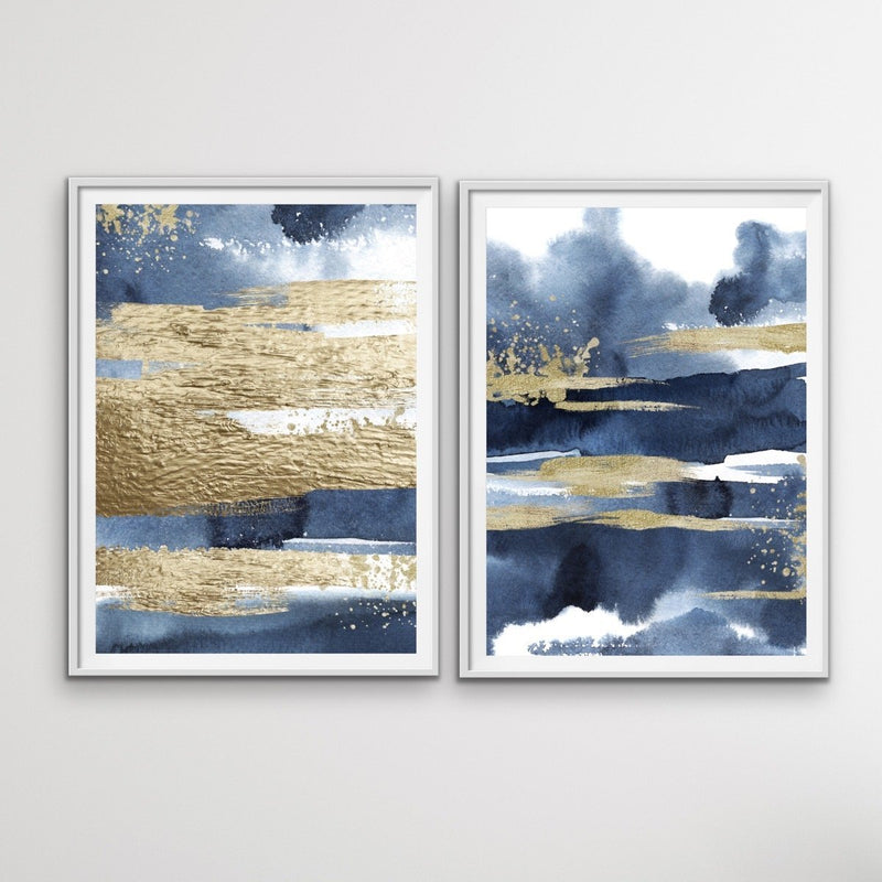 Calm With Gold - Two Piece Hamptons Blue Watercolour Wall Art Print s Artwork Diptych - I Heart Wall Art - Poster Print, Canvas Print or Framed Art Print