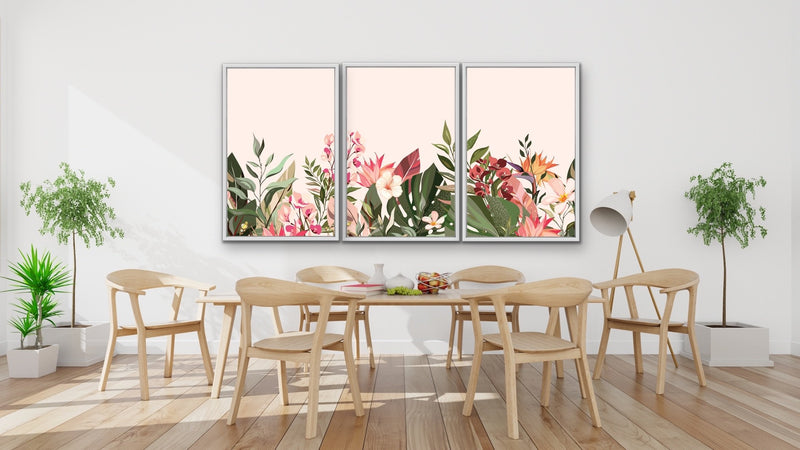 Down The Path - Three Piece Floral Pink Painted Canvas Wall Art Prints Triptych - I Heart Wall Art